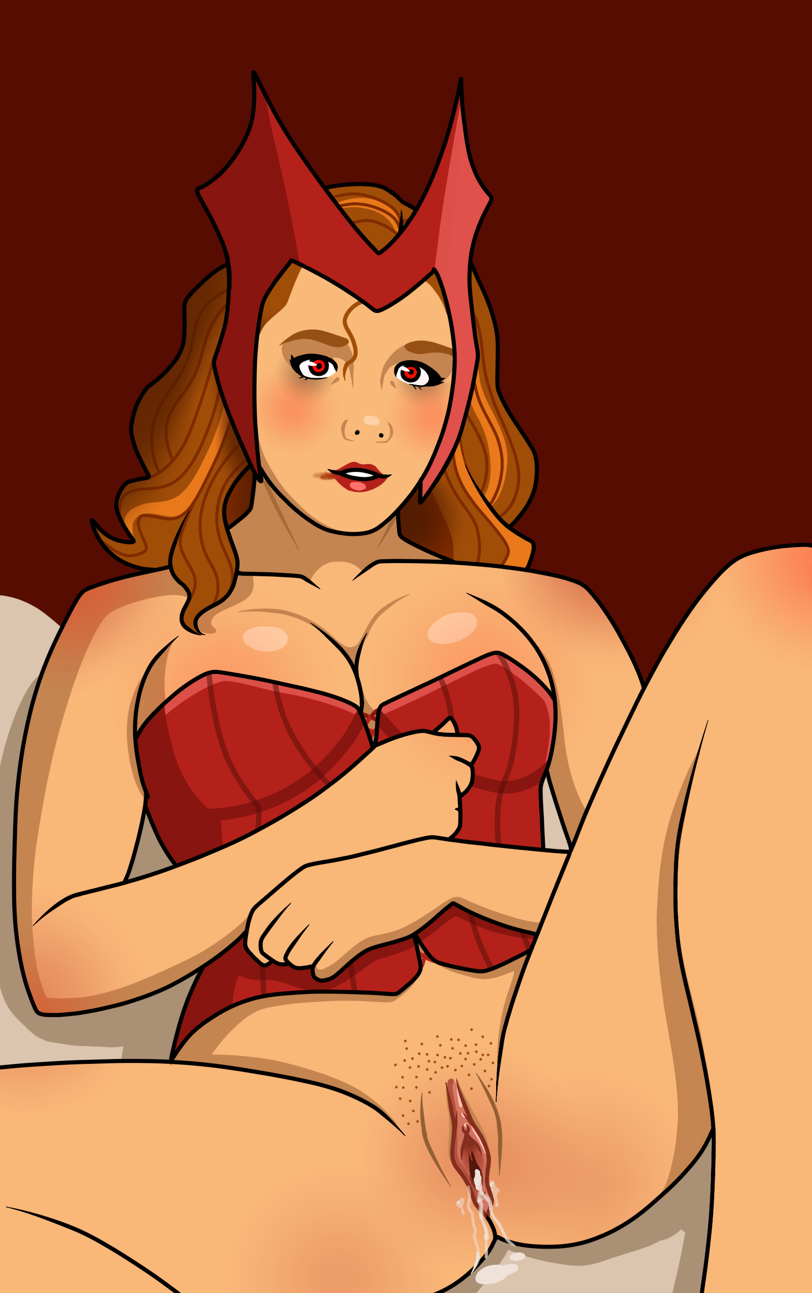 1girls after_sex avengers brown_hair cum cum_in_pussy cum_leaking cum_leaking_out_of_pussy elizabeth_olsen female female_only marvel marvel_cinematic_universe marvel_comics mutant_(marvel) pussy red_eyes scarlet_witch shadowjerker solo wanda_maximoff