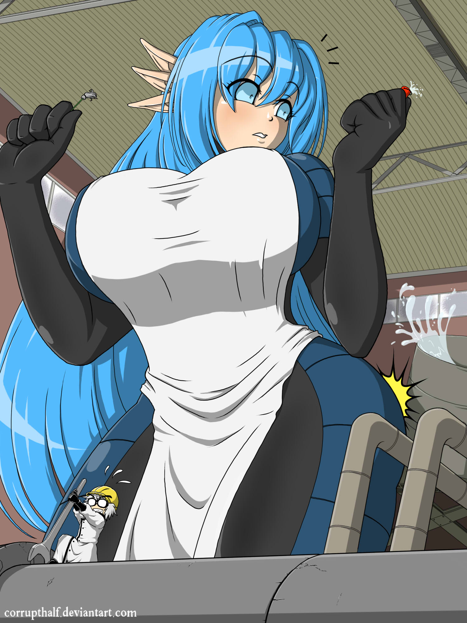 apron, big breasts, blue hair, bodysuit, breasts, corruptking, giantess, gr...