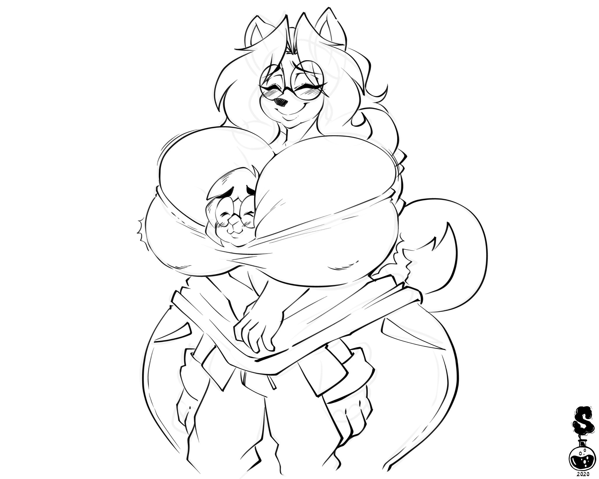 superix, superia (superix), monochrome, white background, 1boy, 1girls, anthro, between breasts, big breasts, blush, breasts, canine, cleavage, closed eyes, clothed, clothing, duo, eyewear, female, furry, glasses, happy, hugging, larger female, male, nipple bulge, off shoulder, sad, size difference, smile, thick thighs, thighs, 