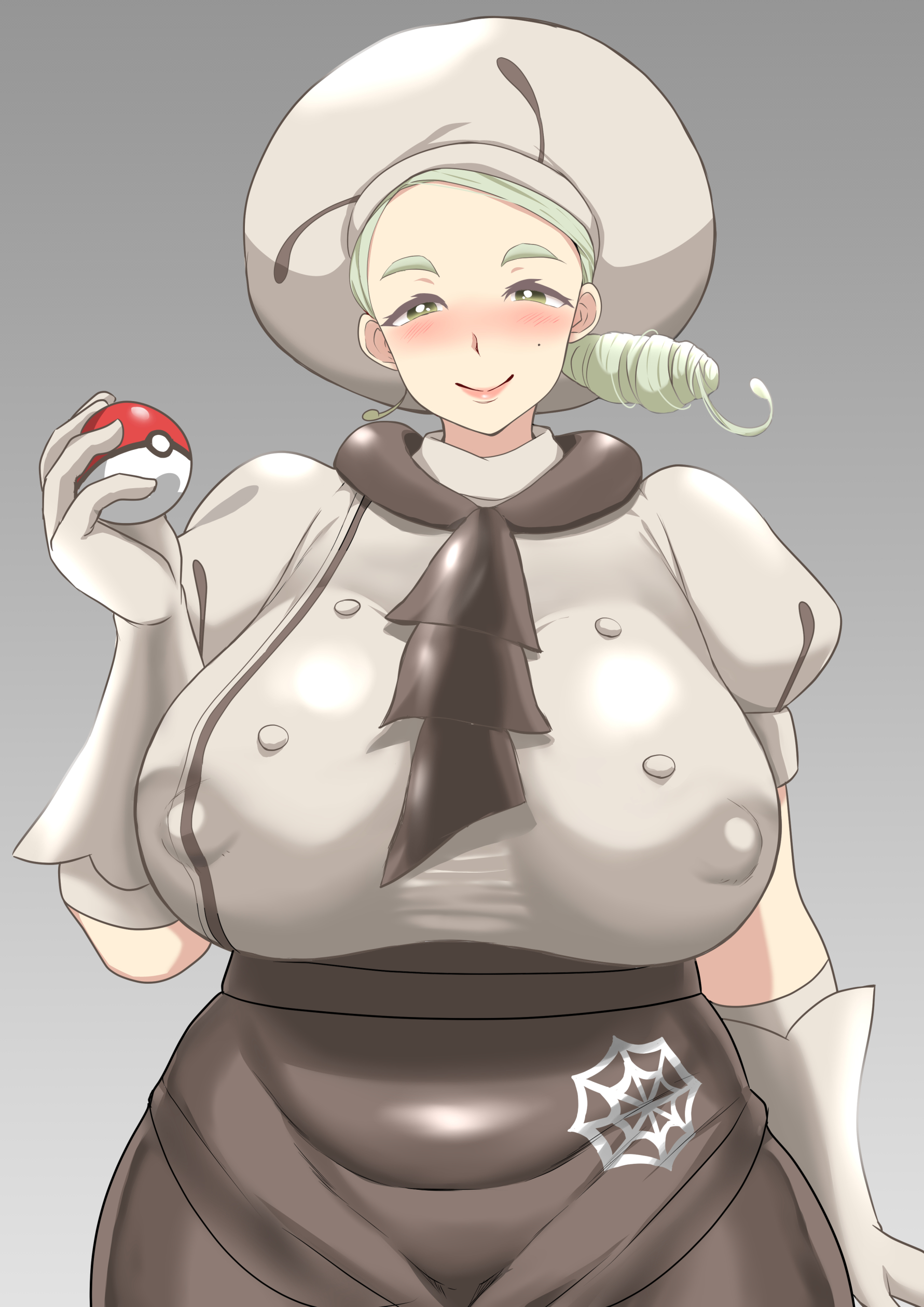 artist request, game freak, nintendo, pokemon (game), 1girls, alternate breast size, big breasts, blush, blushing, breasts, busty, curvaceous, curvy body, curvy female, curvy figure, female, green hair, huge breasts, katy (pokemon), large breasts, mole, mole under eye, pokeball, pokemon, pokemon sv, shiromochi (123), voluptuous, 