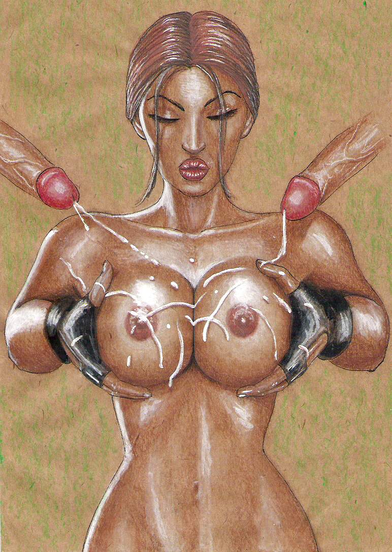 edithemad, lara croft, lara croft (classic), tomb raider, tagme, breast squeeze, cum, cum on breasts, female, human, male, straight, 