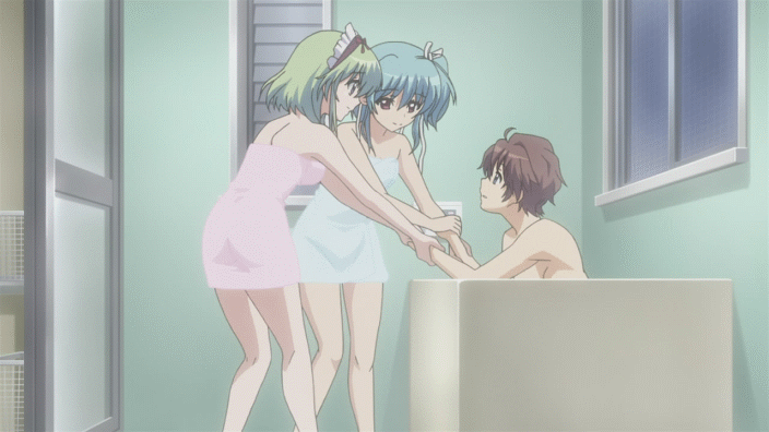 angelina nanatsu sewell, uryuu sakuno, mashiroiro symphony, animated, 2girls, barefoot, bath, blue hair, bouncing breasts, feet, green hair, mixed bathing, nipples, nude, toes, towel, 