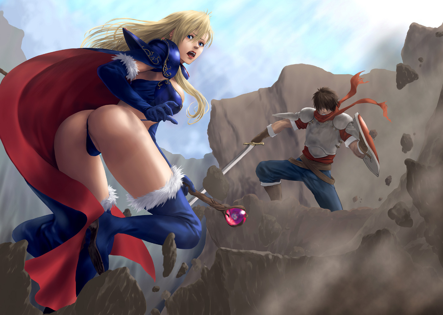 dela delon, 2009, 1boy, ares toraernos, ass, ass focus, bikini armor, blonde hair, brandish (game), cape, female, looking back, ryu (gaquarium), shield, sword, weapon, 