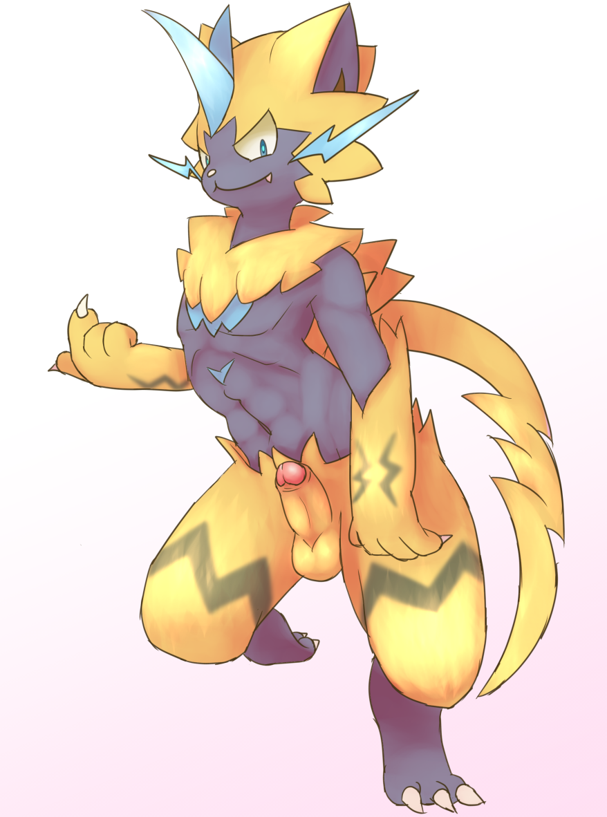 zeraora, nintendo, simple background, white background, 3 toes, 4 fingers, anthro, balls, bunnag, claws, erection, fangs, feet, finger claws, fingers, genitals, glans, humanoid genitalia, humanoid penis, looking at viewer, male, muscular, muscular anthro, muscular male, nude, on one leg, penis, pokemon, retracted foreskin, solo, standing, toe claws, toes, video games, 