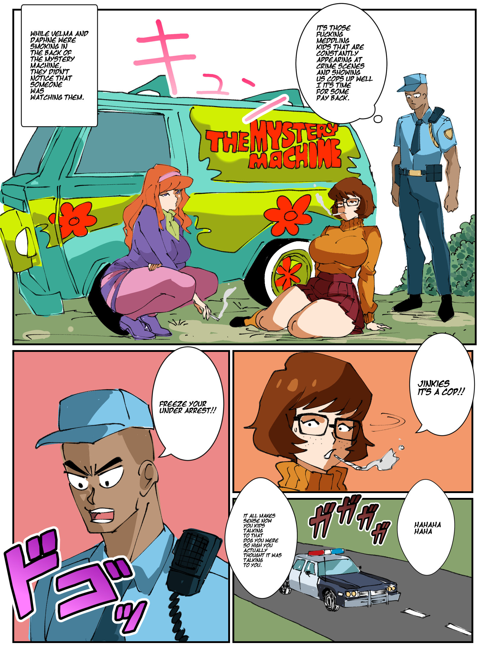1boy 2girls 4koma big_breasts breasts captain_tai daphne_blake dark-skinned_male english_text female glasses hanna-barbera headband interracial large_breasts long_hair long_sleeves male marijuana misspelling mystery_machine orange_sweater orange_turtleneck pink_tights police red_hair red_skirt scooby-doo short_hair skirt smoking smoking_weed speech_bubble squatting sweater text text_bubble thick_thighs turtleneck turtleneck_sweater velma_dinkley weed zstorys22