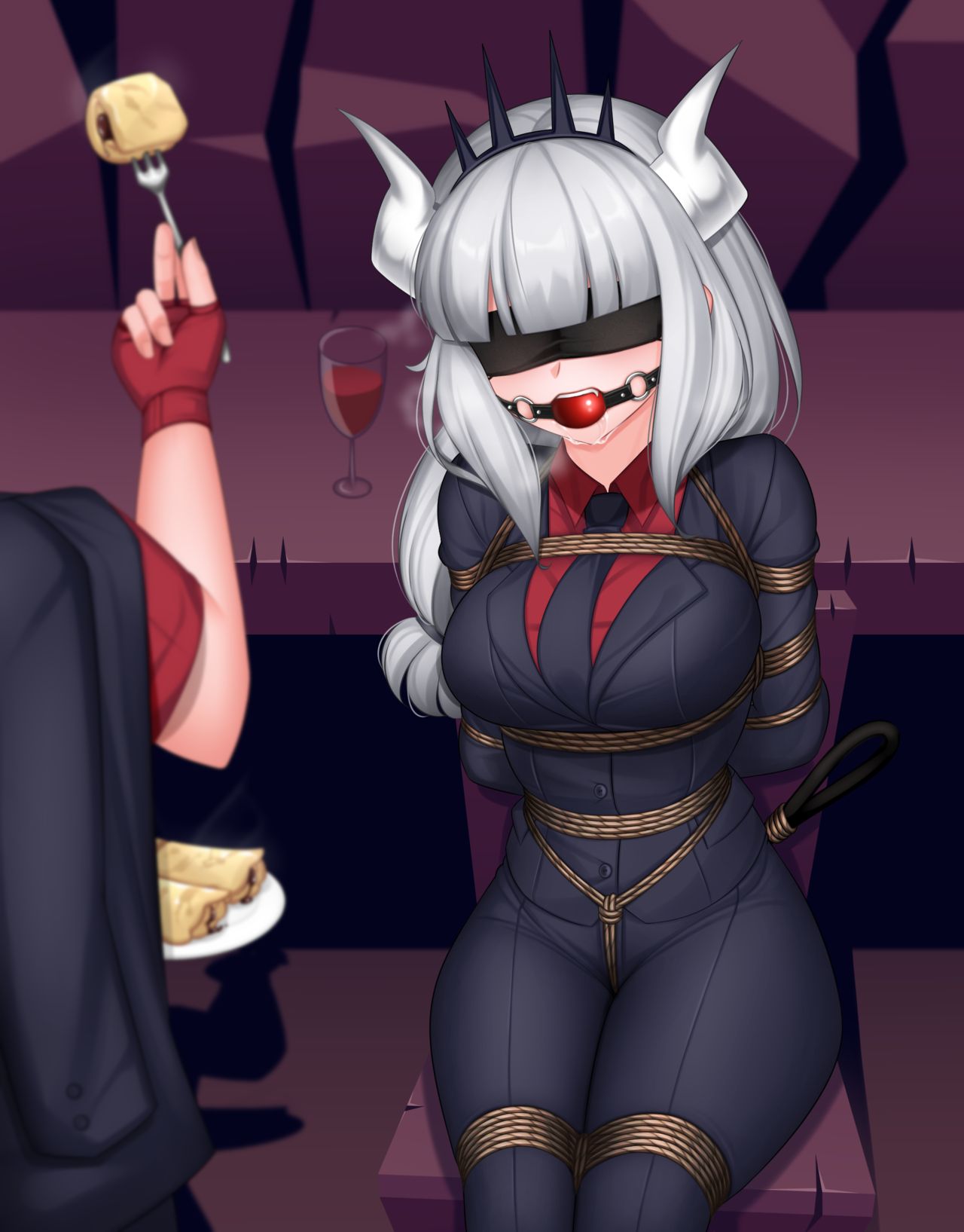 plusout, lucifer (helltaker), helltaker, 1girls, arms behind back, ball gag, blazer, blindfold, bondage, buisness suit, crotch rope, crown, female focus, gag, gagged, horns, legs tied, legs together, pancake, sitting, suit, tail, tail tied, tie, white hair, 