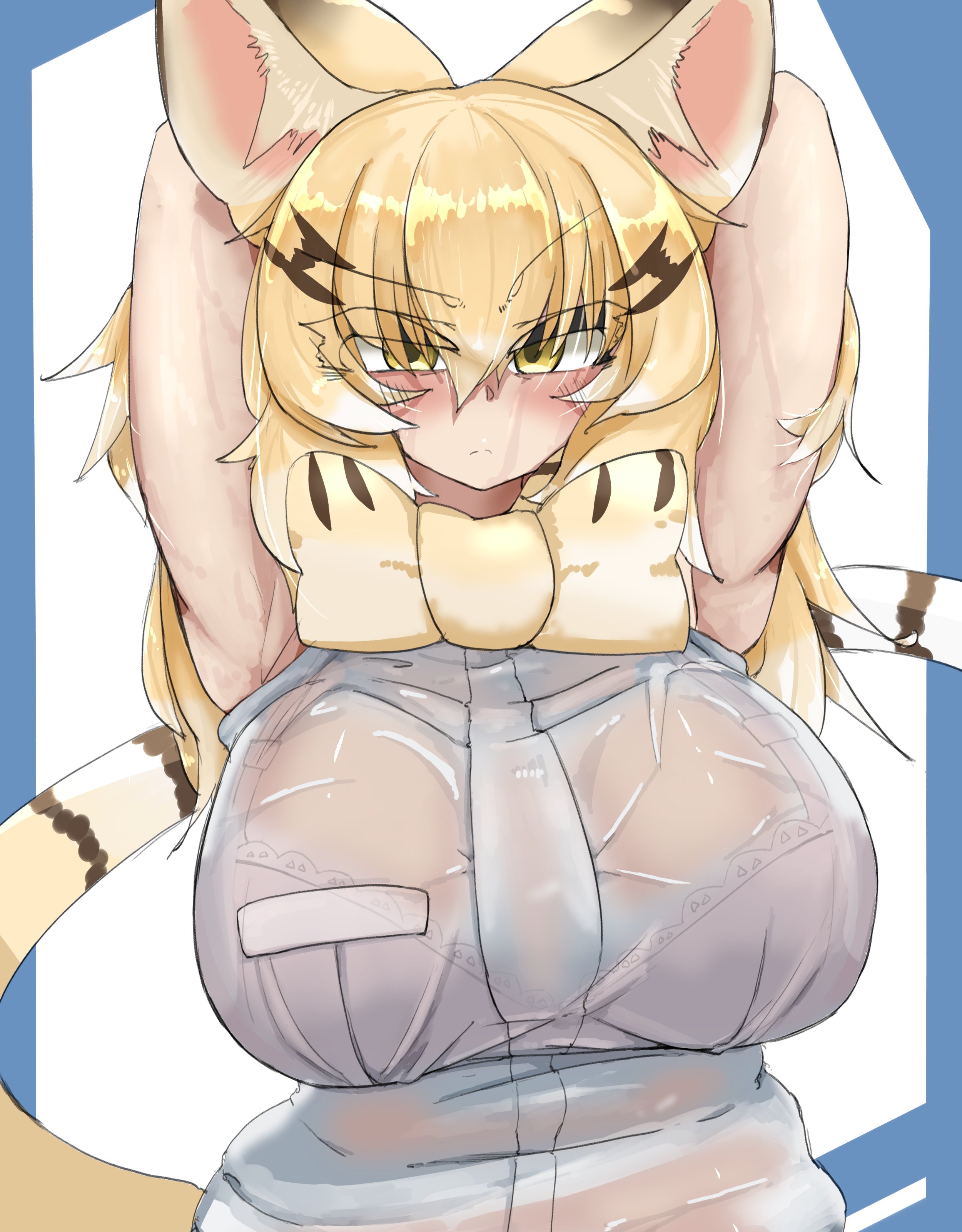 sand cat (<b>kemono</b> <b>friends</b>), <b>kemono</b> <b>friends</b>, armpits, arms up, big breasts, b...