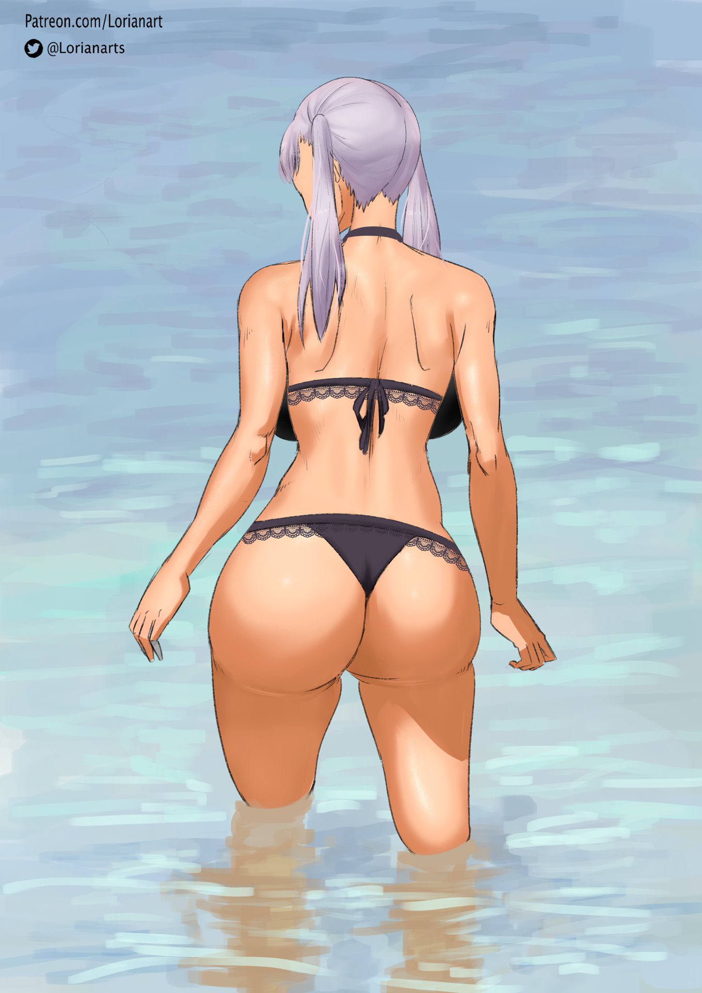 noelle silva, black clover, 1girls, ass, back view, beach, big ass, big breasts, bikini, breasts, female, lorian (artist), nipple bulge, sideboob, silver hair, solo, standing, swimsuit, thick thighs, twintails, wet clothes, 