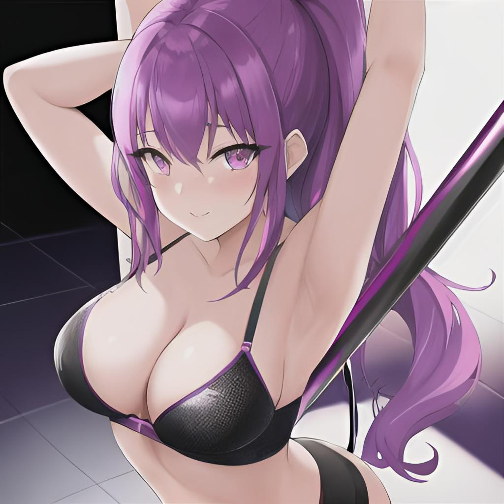 blush, bra, hentai, mommy69s, pink eyes, pole, pole dancing, purple hair, underwear, 