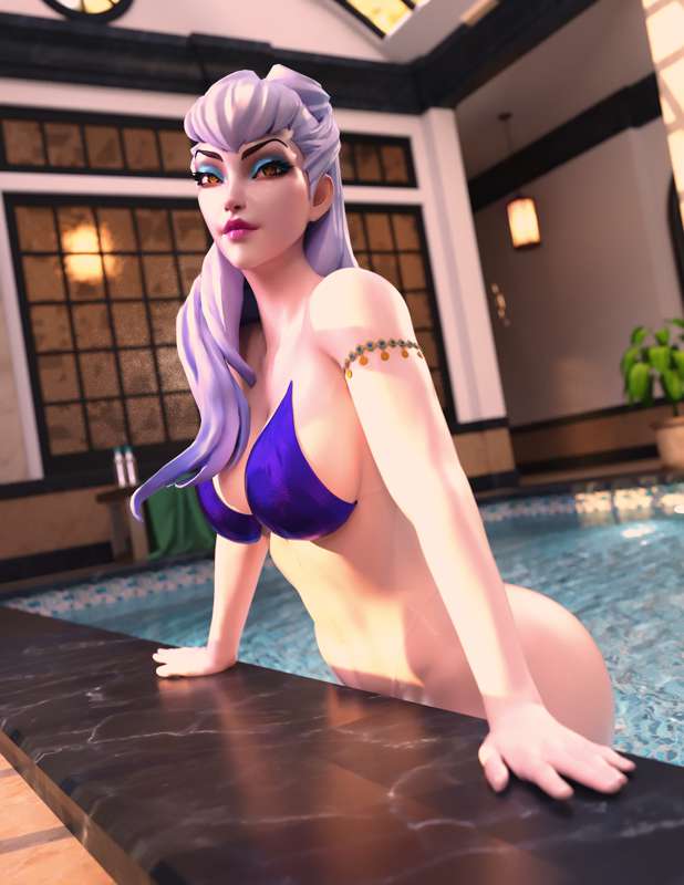 evelynn, league of legends, female, k/da all out evelynn, k/da all out series, milapone, white hair, yellow eyes, 