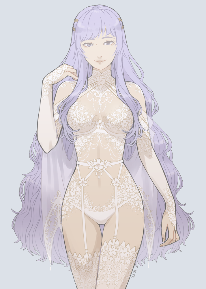 deirdre (fire emblem), fire emblem, fire emblem: genealogy of the holy war, nintendo, 1girls, bra, breasts, corset, female, garter belt, garters, ika tko, light purple hair, lingerie, long hair, looking at viewer, navel, panties, purple eyes, purple hair, smile, solo, thighhighs, underwear, underwear only, white bra, 