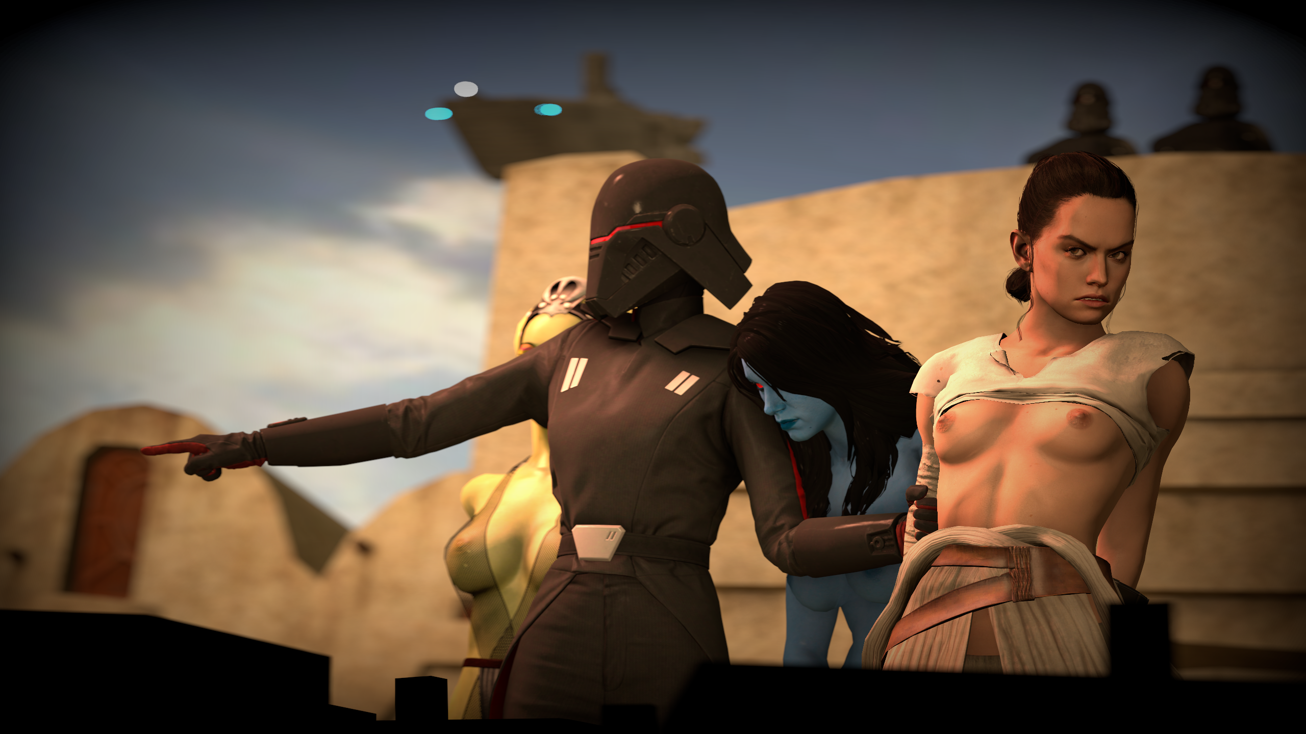 rey, star wars, source filmmaker, alien, bad end, collar, grandmanaconda (artist), prisoner, public, slave, 
