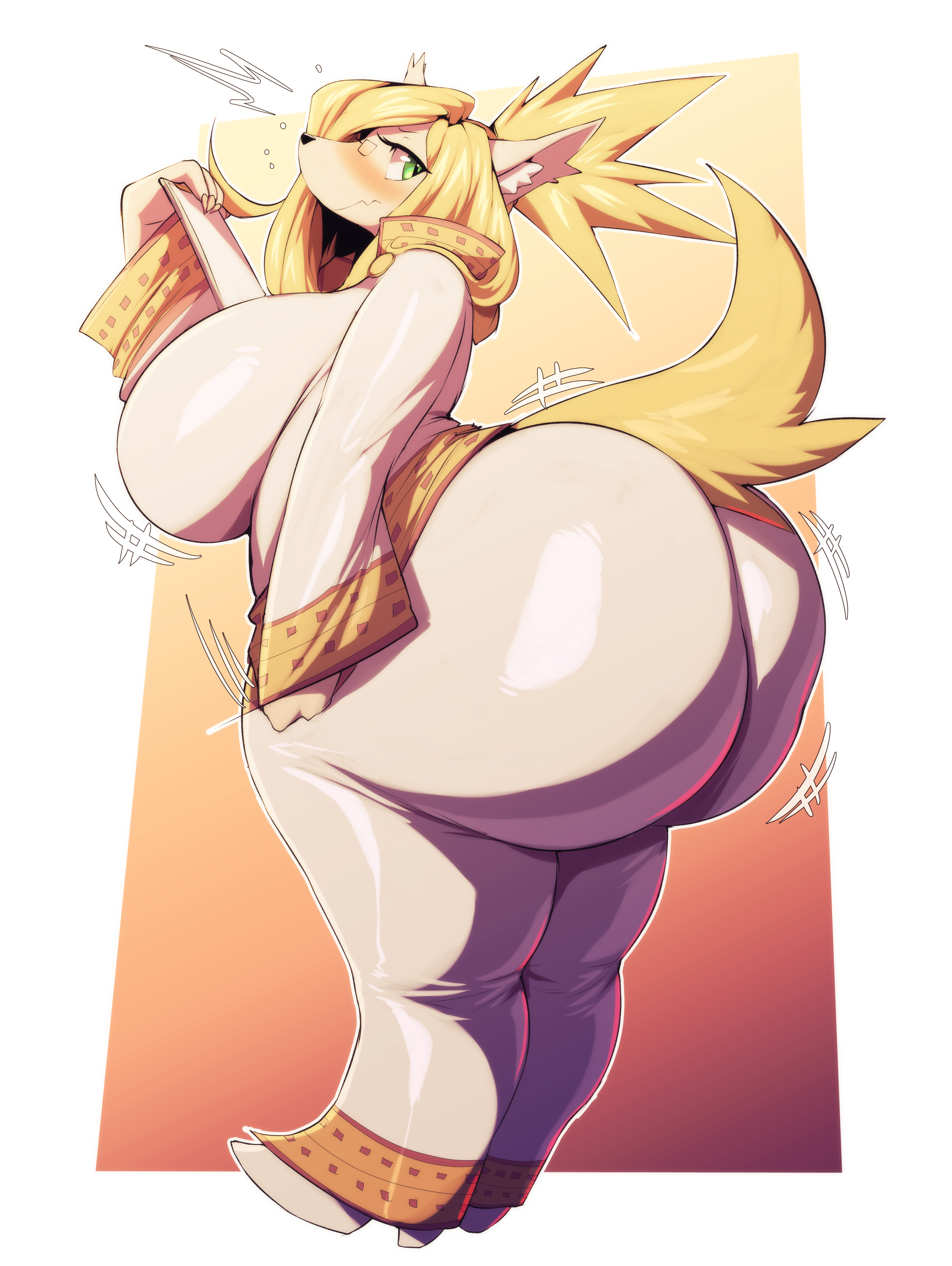 trinity-fate62, merveille million, little tail bronx, solatorobo, absurd res, hi res, anthro, ass, big breasts, big butt, breasts, canid, canine, canis, clipboard, clothed, clothing, cyberconnect2, domestic dog, eyewear, female, fully clothed, fur, glasses, green eyes, huge breasts, huge butt, hyper, hyper breasts, hyper butt, mammal, small glasses, solo, tan body, tan fur, thick thighs, tight clothing, voluptuous female, 