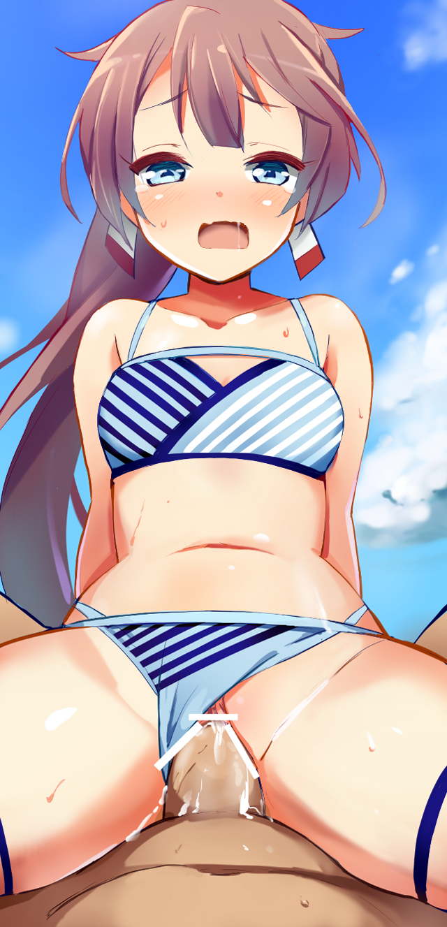9law, kazagumo (kantai collection), kantai collection, censored, highres, 1boy, bikini, blue bikini, blush, brown hair, female, long hair, navel, open mouth, penis, ponytail, pussy, saliva, sex, solo focus, striped, striped bikini, sweat, swimsuit, tears, tied hair, vaginal penetration, wavy mouth, 