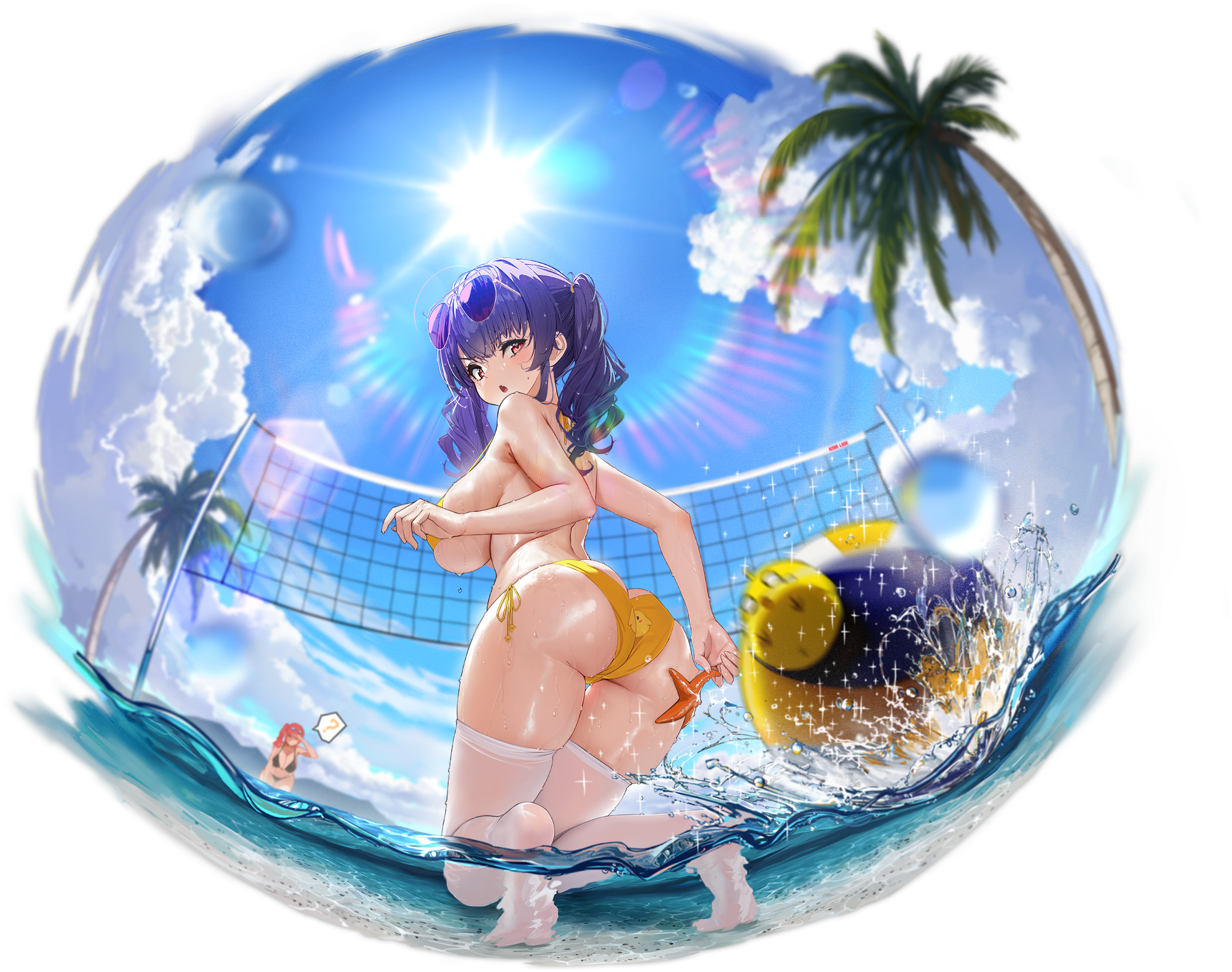 2girls ass azur_lane bare_shoulders bikini blue_sky blush breasts cg cloud day eyewear_on_head from_behind full_body kneeling large_breasts long_hair looking_at_viewer looking_back multiple_girls ocean official_alternate_costume official_art open_mouth outdoors palm_tree pola_(azur_lane) pola_(seaside_coincidence)_(azur_lane) purple_hair red_eyes red_hair side-tie_bikini_bottom sideboob skindentation sky soles solo_focus starfish sun sunglasses swimsuit thighhighs thighs tree twintails underboob volleyball_(object) volleyball_net water wet white_thighhighs yellow_bikini