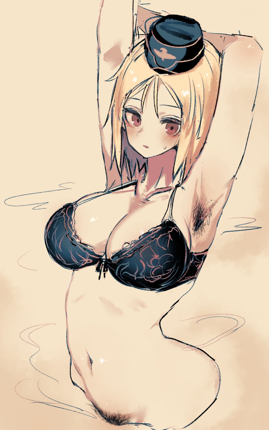 akitaka takaaki, 2d, 1girls, armpit hair, armpits, arms behind head, blonde hair, blush, blushing at viewer, bottomless, bra, breasts, brown eyes, cleavage, garrison cap, hips, midriff, navel, pubic hair, short hair, solo, steam, 