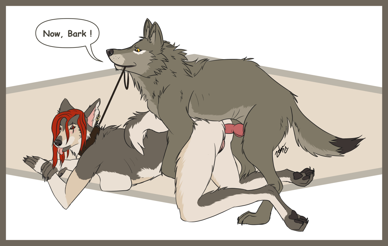 digital media (artwork), simple background, text, all fours, anal, anal sex, anatomically correct, anatomically correct genitalia, anatomically correct penis, anatomically correct pussy, animal genitalia, animal penis, anthro, anthro on feral, ass, black sclera, blush, breasts, canid, canine, canis, collar, domestic dog, duo, erection, female, female penetrated, feral, fur, genitals, grey body, grey fur, hair, hybrid, knot, leash, looking at viewer, male, male/female, male penetrating, male penetrating female, mammal, pawpads, penetration, penile, penile penetration, penis, pussy, sex, smile, submissive, tongue, wolf, wolfdog, zekee (artist), zoophilia, 