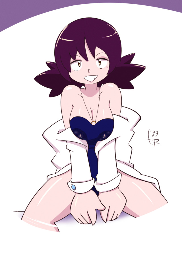 fernal-scarlet, artist signature, 1girls, 2023, bare shoulders, brown hair, cleavage, deep cleavage, female, female only, labcoat, legs apart, legs spread, looking at viewer, pokemon, professor ivy (pokemon anime), shiny skin, smile, solo, solo female, solo focus, 