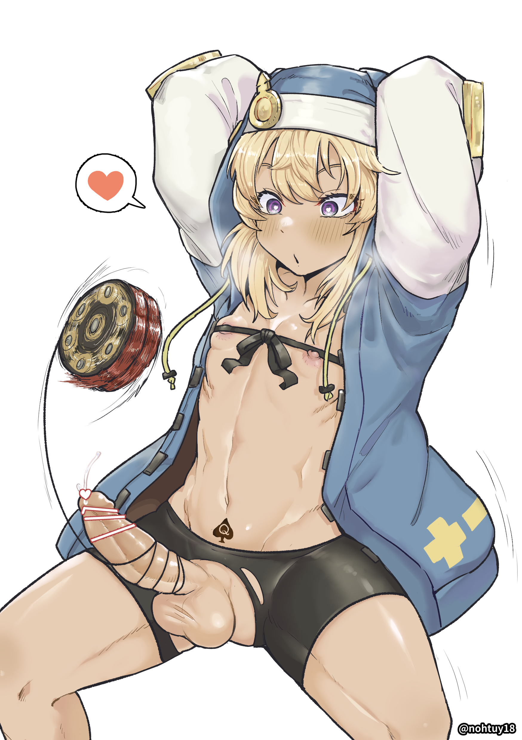 nohtuy18, bridget, guilty gear, guilty gear strive, censor bar, censored, 1boy, balls, blonde hair, blue hair, blush, compression shorts, erect penis, hoodie, long hair, male, male only, penis, queen of spades, ripped shorts, shorts, solo, solo male, spandex shorts, standing, testicles, thick thighs, thighs, visible breath, yo-yo, 