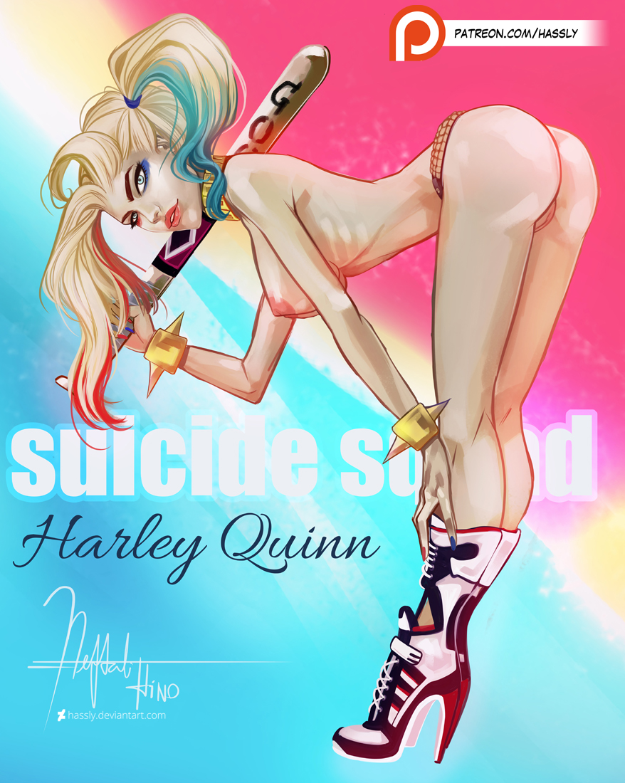 hassly, harley quinn, batman (series), dc, dc comics, dceu, suicide squad, areolae, ass, bare shoulders, baseball bat, belt, blonde, blonde hair, blue eyes, blue hair, boots, bracelet, breasts, choker, dat ass, female, female only, high heel boots, high heels, hips, large breasts, legs, long hair, looking at viewer, multicolored hair, nail polish, nipples, pink hair, pussy, shoes, sideboob, solo, spiked bracelet, thighs, tied hair, topless, twintails, vagina, weapon, 
