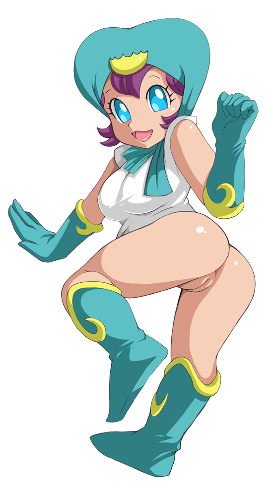 noise, ass, blue eyess, breasts, gloves, huge breasts, looking at viewer, purple hair, pussy, scarf, 