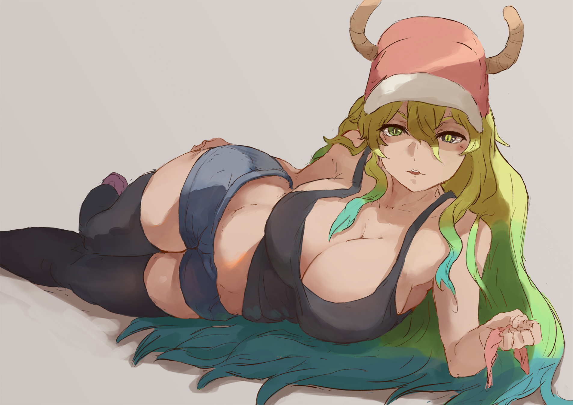 quetzalcoatl (dragon maid), simple background, 1girls, abs, big breasts, bl...