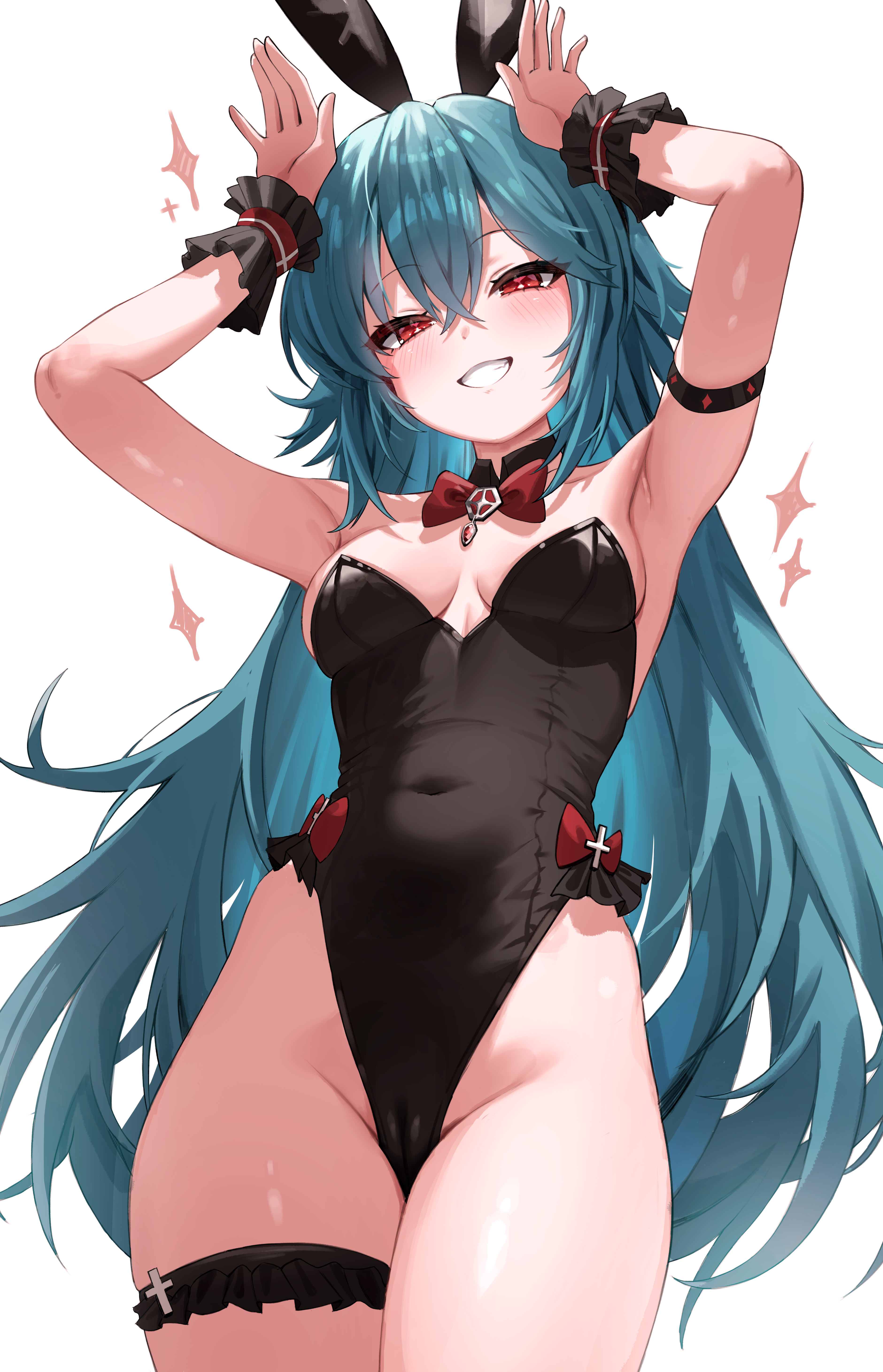 absurdres alternate_costume animal_ears arm_strap armpits arms_up bare_shoulders bianca_(black_survival) black_leotard black_survival blue_hair bow bowtie breasts cameltoe commentary covered_navel cowboy_shot dasi_(kwts3227) detached_collar eternal_return:_black_survival fake_animal_ears female frilled_thigh_strap grin hair_between_eyes highleg highleg_leotard highres leotard long_hair looking_at_viewer playboy_bunny rabbit_ears rabbit_pose red_bow red_eyes scrunchie simple_background small_breasts smile solo standing strapless strapless_leotard thigh_strap thighs very_long_hair white_background wrist_scrunchie