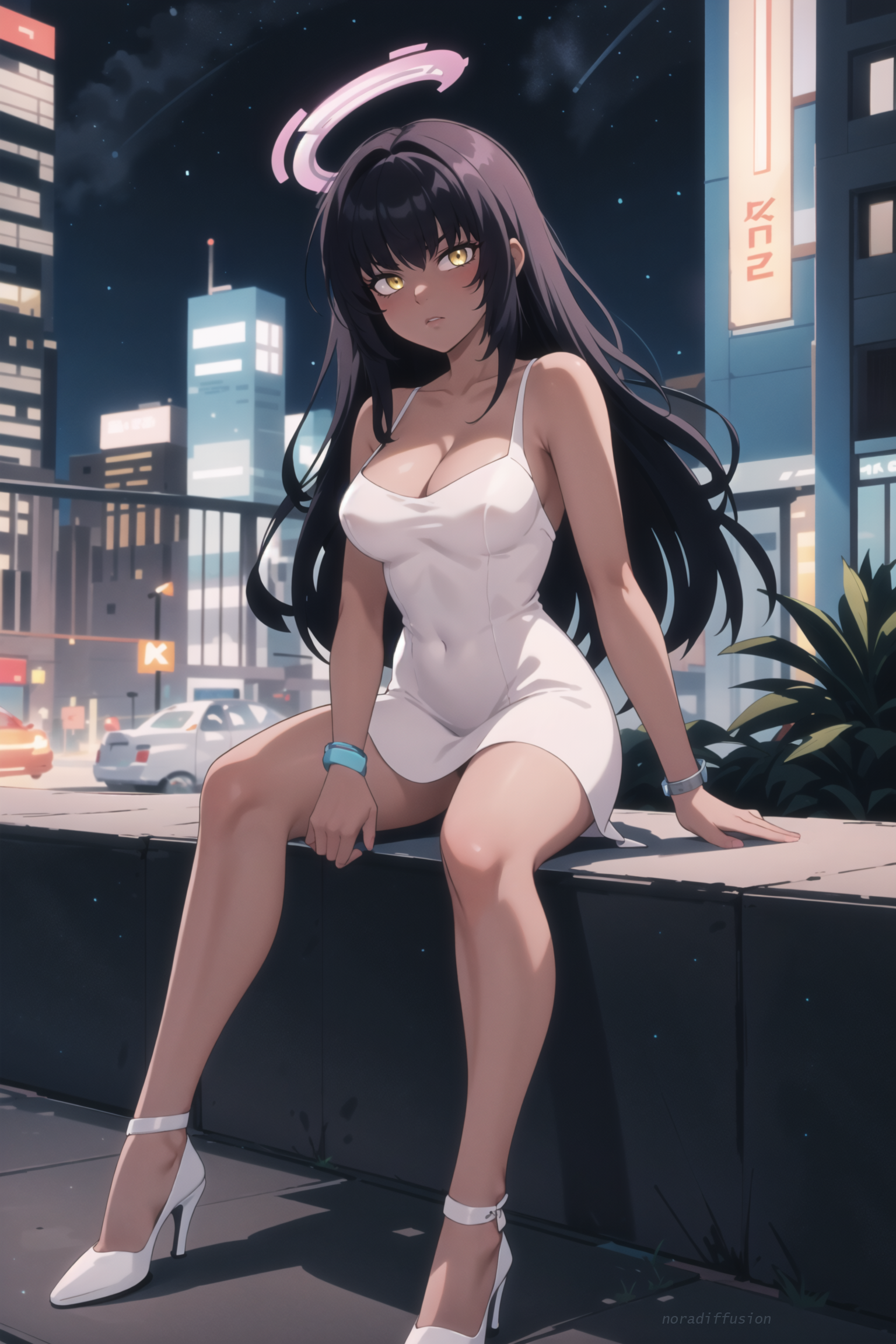 watermark, 1girls, acl noraai, ai generated, angry, artist name, black hair, blue archive, car, city, dark-skinned female, dark skin, dress, full body, heels, karin (blue archive), large breasts, looking at viewer, night, outdoors, parted lips, short dress, sitting, skyscraper, solo, stars, yellow eyes, 
