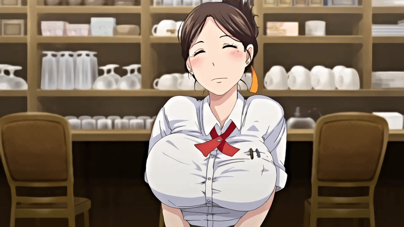 10s 1girls 2019 animated blush bouncing_breasts bowtie breasts brown_hair closed_eyes collared_shirt earrings female housewife indoors jewelry large_breasts mature_female mole mole_under_eye okusan_(yue_ni_hitozuma_wa_netorareta) queen_bee_(animation_studio) restaurant ribbon ribbon_hair_ornament shirt standing tagme waitress waitress_uniform white_shirt yue_ni_hitozuma_wa_netorareta