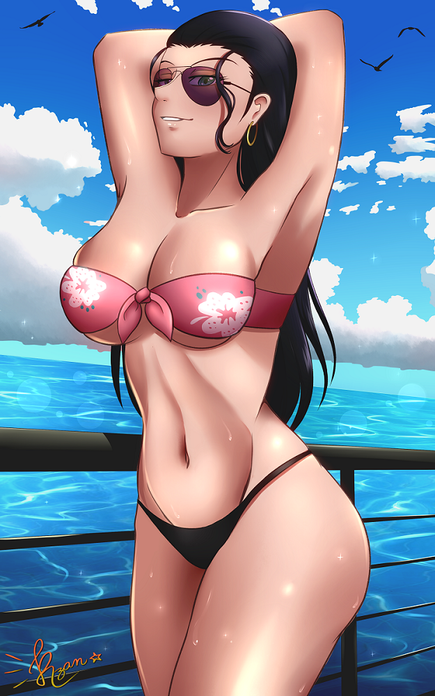 nico robin, one piece, pose, tagme, 1girls, abs, armpits, aviator sunglasses, bare shoulders, bikini, breasts, dark hair, earrings, female, female focus, female only, jewelry, long hair, looking at viewer, navel, smile, sunglasses, sweat, swimsuit, tinted eyewear, xkzan, 