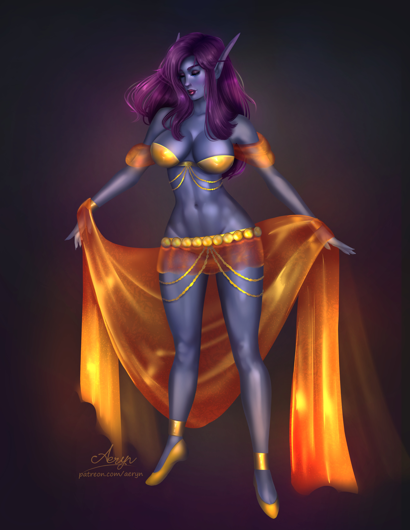 aeryn, original character, void elf, xotica, blizzard entertainment, warcraft, world of warcraft, 1girls, purple hair, purple skin, skimpy clothes, solo, 