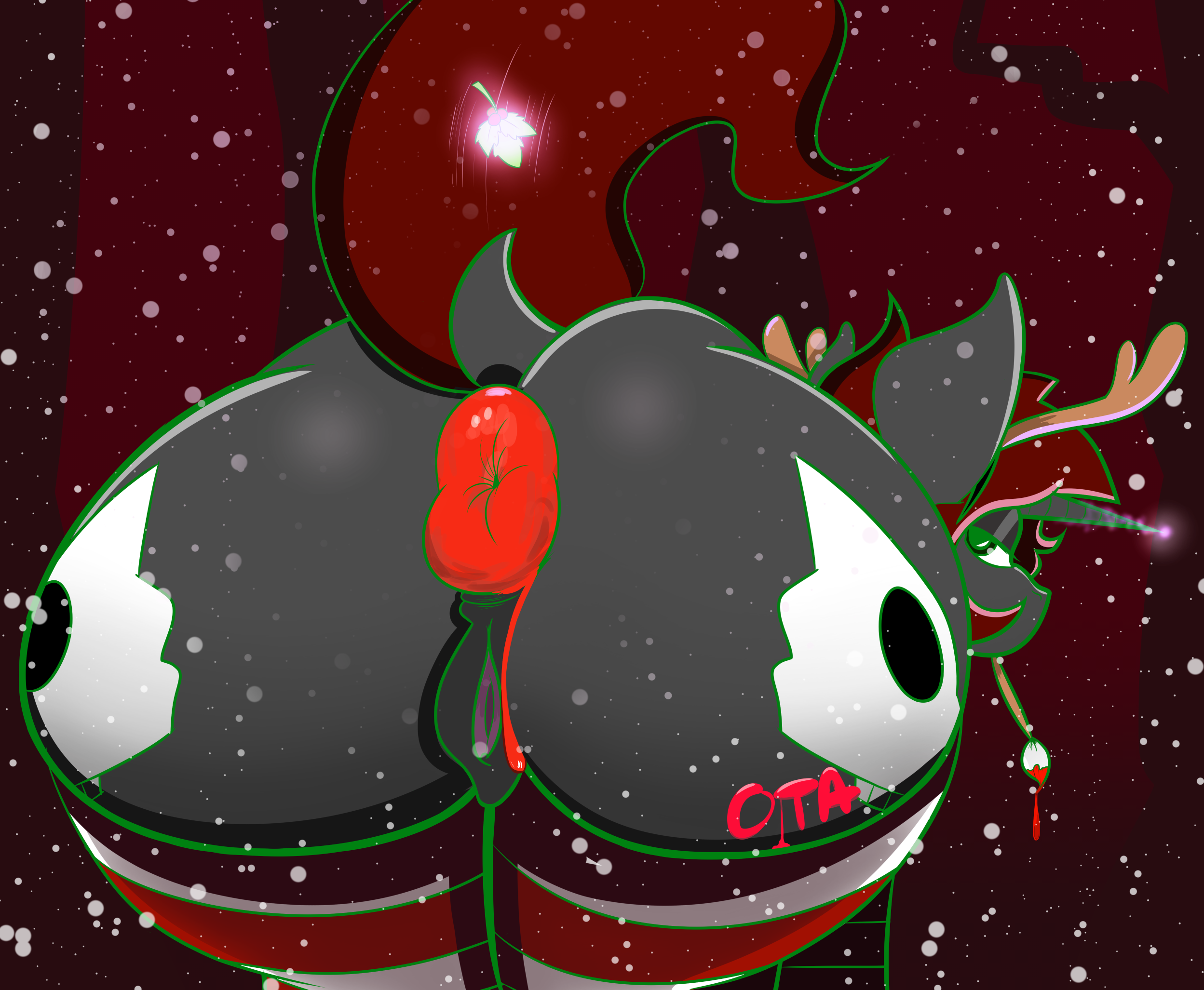 ota (artist), christmas, holidays, my little pony, anus, ass, big butt, clothing, eyeshadow, female, forest, fur, grey fur, legwear, magic, makeup, mistletoe, no humans, paint, plant, puffy anus, pussy, rose blossom, snow, solo, stockings, tree, 