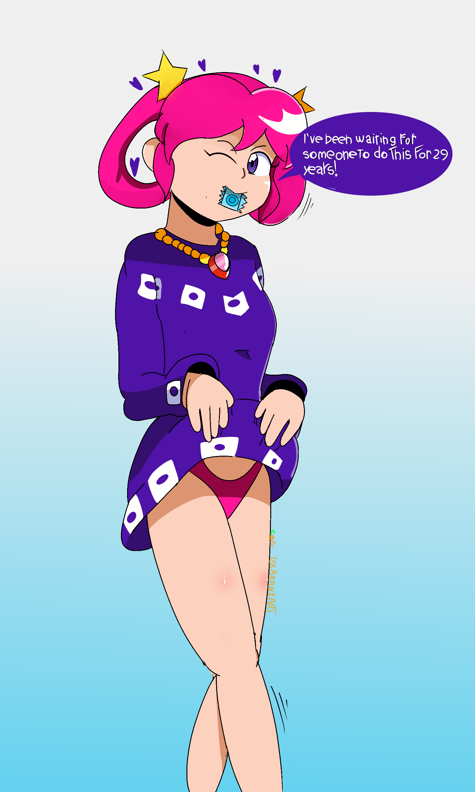 adult, adult version, before, before sex, clockwork aquario, condom, condom in mouth, elle moon, horny, laranxart(artist), nsfw, open skirt, panties, panties aside, panty, pink hair, pink panty, purple skirt, sex, skirt, taking clothes off, taking off dress, waiting, waiting for sex, walking, 