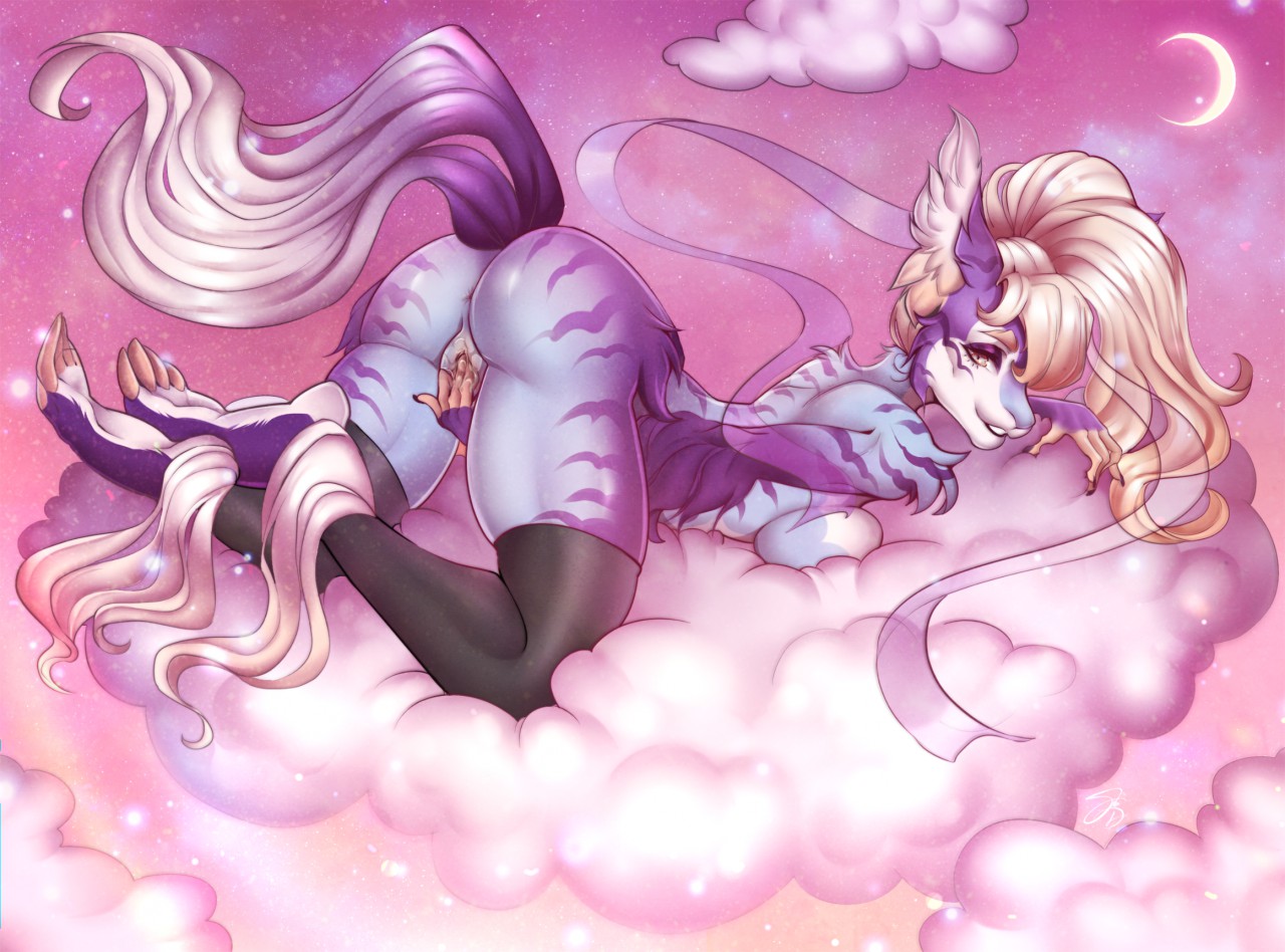 sheldondober, 2020, digital media (artwork), 5 fingers, anthro, anus, blonde hair, breasts, eyebrows, eyelashes, female, fingers, genitals, hair, lying, masturbation, night, on front, pussy, sky, solo, toes, unknown species, 