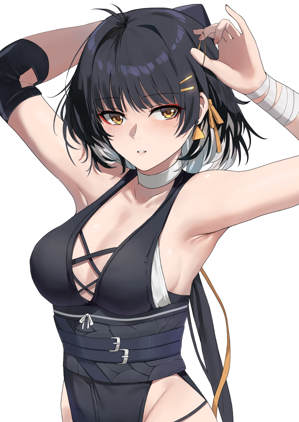 1girls, arms up, black hair, bright skin, earrings, female, gold eyes, golden eyes, light skin, long hair, long ponytail, medium breasts, rover (wuthering waves), rubber band, seductive, seductive eyes, seductive look, seductive mouth, seductive pose, sexy pose, wuthering waves, 