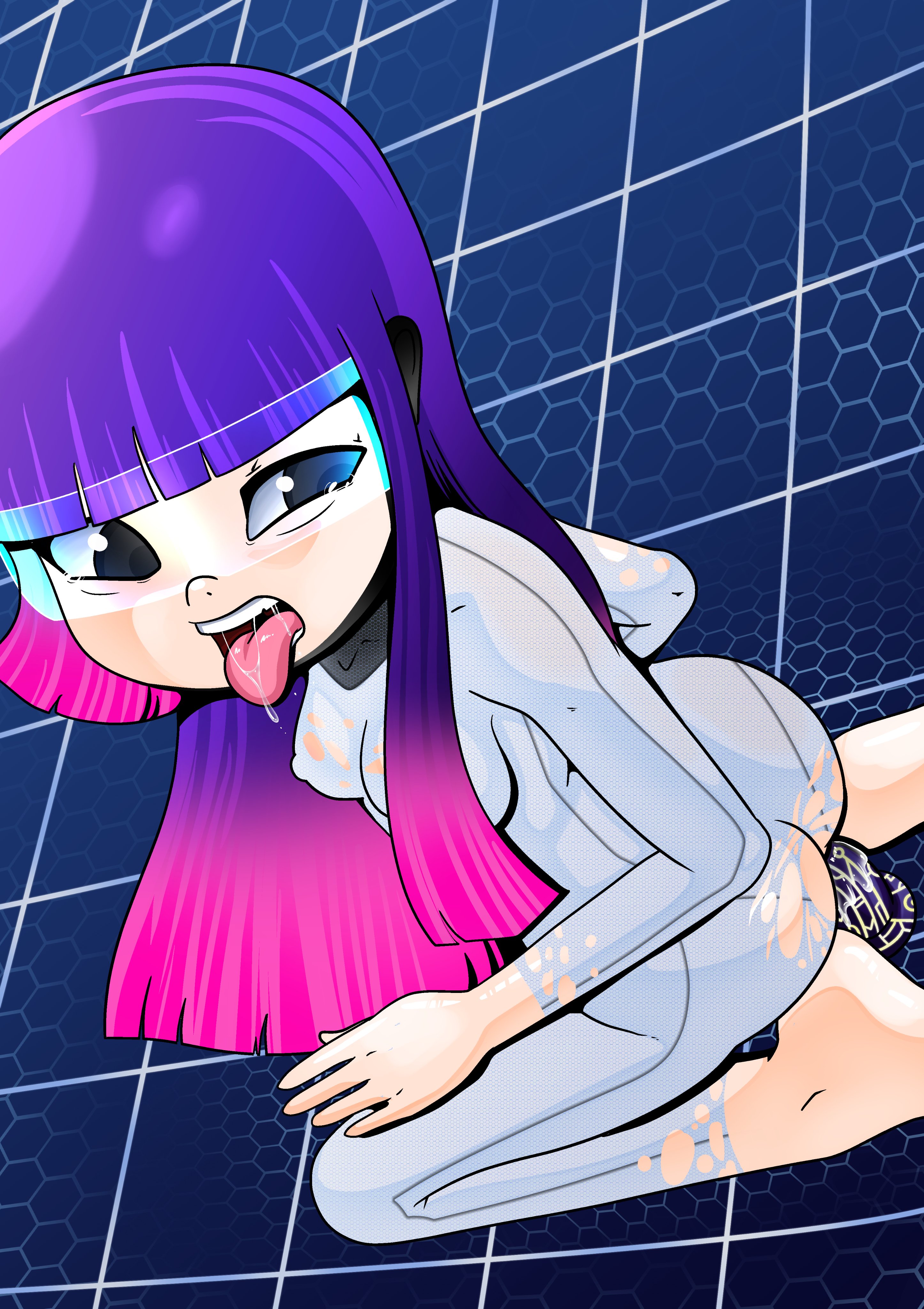 pixelboy, miko kubota, glitch techs, highres, tagme, 1girl, ass, blue-tinted eyewear, breasts, dildo, erect nipples, female, female only, long hair, masturbation, purple hair, ripped clothing, solo, tinted eyewear, tongue, tongue out, visor, 