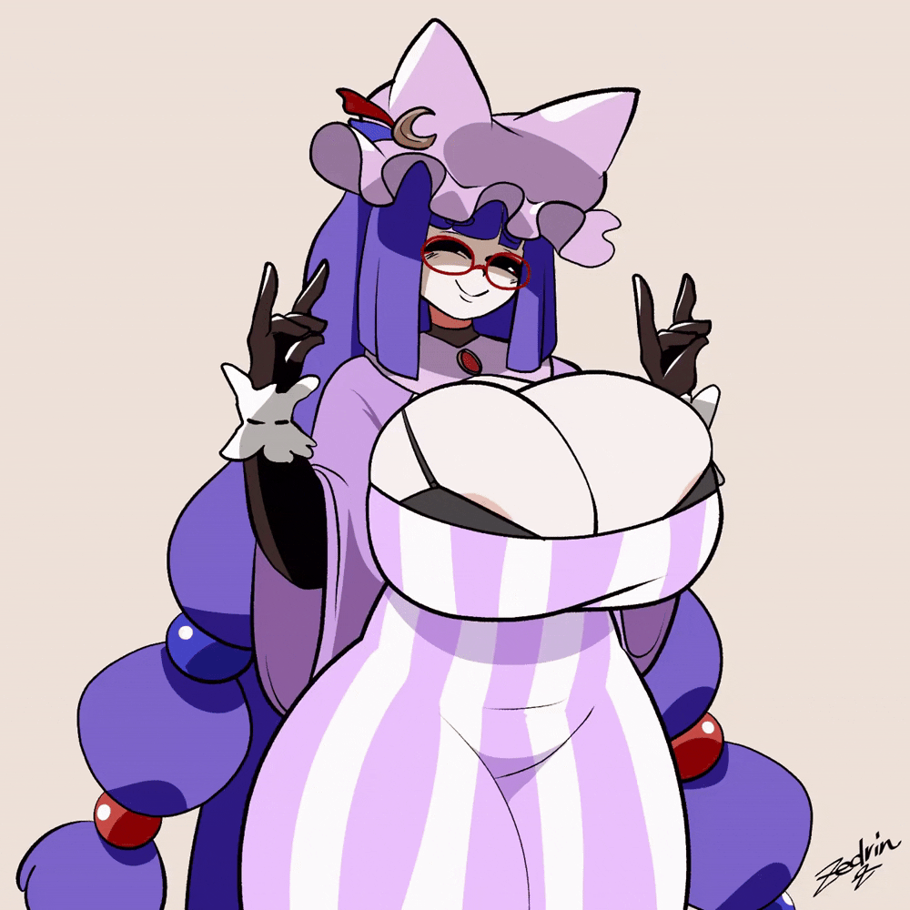 zedrin, patchouli knowledge, touhou, animated, watermark, 1girls, animal ears, areolae slip, big breasts, bra, breasts, cleavage, clothed female, fox ears, glasses, hat, konkon patchouli (crr001), light-skinned female, long gloves, long hair, mole, mole under eye, purple hair, smile, solo, solo female, thick thighs, thighs, 