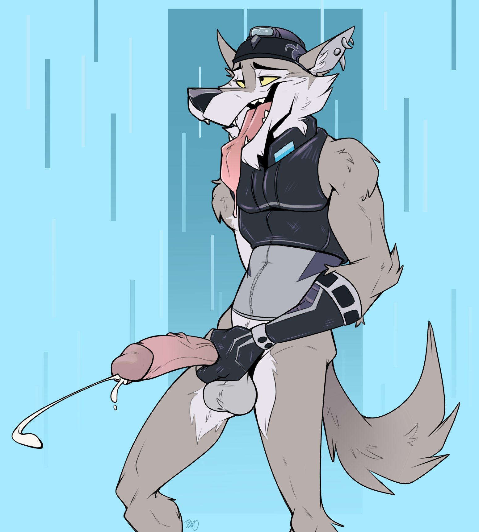 dragondrawer, epic games, fortnite, hi res, anthro, balls, canid, canine, canis, ear piercing, genitals, humanoid genitalia, humanoid penis, male, mammal, masturbation, penile, penile masturbation, penis, piercing, solo, tongue, tongue out, wendell (fortnite), wolf, 