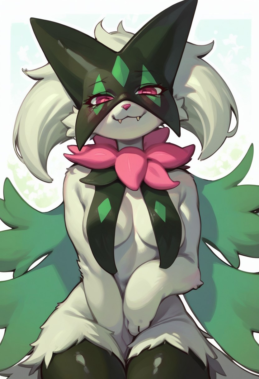 pokemon (species), game freak, nintendo, anthro, blush, breasts, claws, clothed, clothing, cute, cute face, fangs, female, fingers, furry, green body, green fur, long hair, looking at viewer, meowscarada, pokemon, pokemon sv, red eyes, smile, solo, thick thighs, 