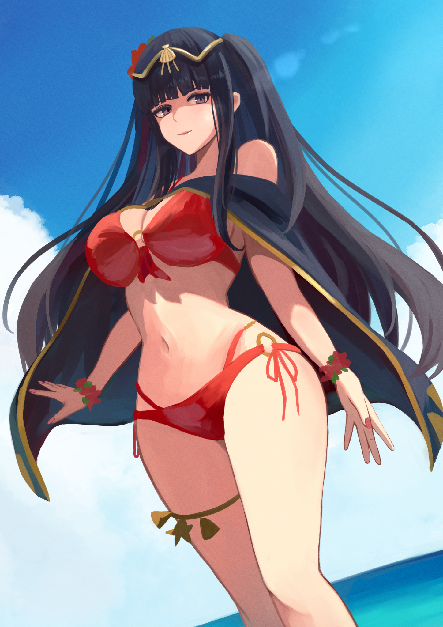 1girls alternate_costume bikini black_cape black_hair blue_sky blunt_bangs breasts cape cloud cloudy_sky dutch_angle female female_only fire_emblem fire_emblem_awakening fire_emblem_heroes gold_trim highres labebebe_lee lens_flare long_hair looking_at_viewer nail_polish navel nintendo o-ring o-ring_bikini official_alternate_costume one_side_up pink_nails red_bikini red_swimsuit sky smile solo swimsuit tharja_(fire_emblem) tiara