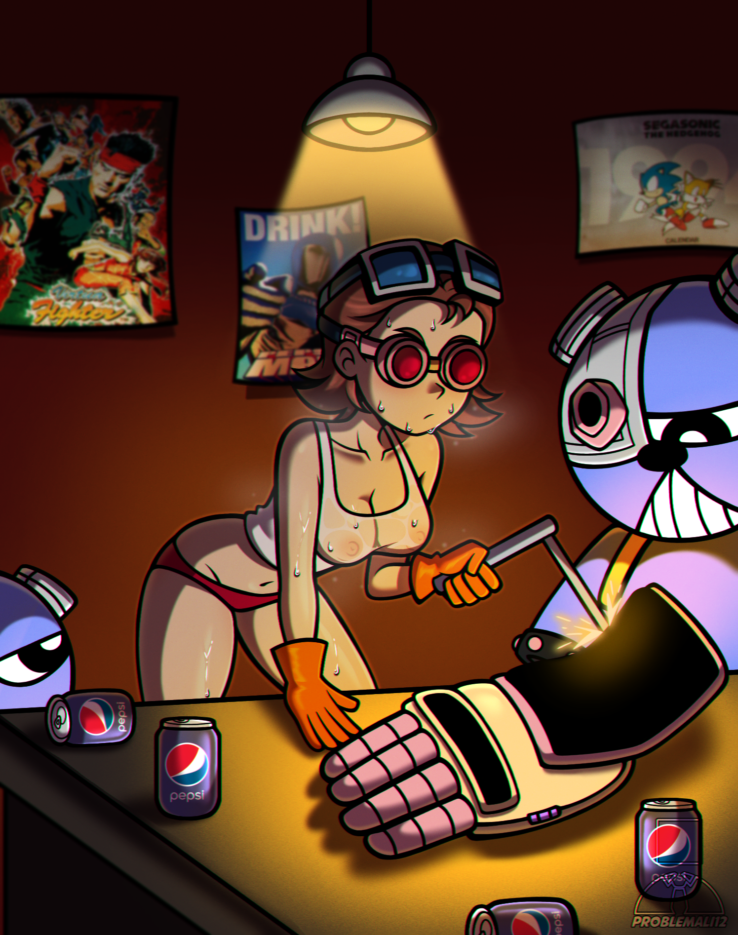 1girls artist_logo artist_name artist_signature belly bent_over blowtorch brown_hair ceiling_light commission commission_art commissioner_upload desk emi_(fighting_vipers) female fighting_vipers frown goggles goggles_on_face goggles_on_head headgear headwear mechanic mechanical_hand navel orange_gloves pepsi pepsiman poster_(object) problemall12 red_panties see-through_shirt sega shaded short_hair soda_can solo solo_female sonic_(series) sonic_the_hedgehog_(series) stomach sweat_clouds sweat_on_face sweat_on_thighs sweating sweaty technician teddy_bear virtua_fighter white_shirt