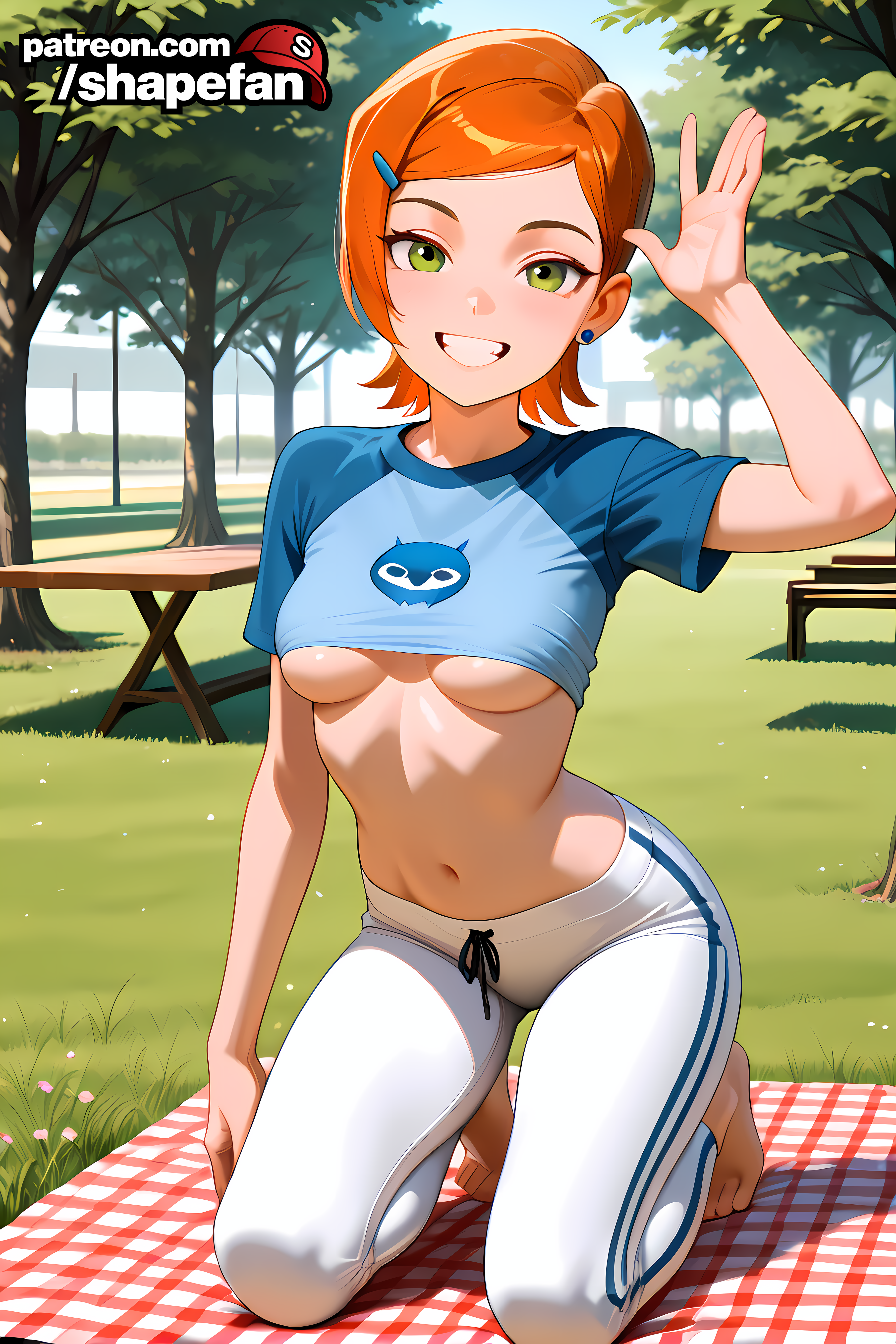 2025 absurd_res absurdres ai-created ai-generated ai_art ai_generated athletic_female ben_10 breasts bust chest cute female female_only fit_female grass gwen_goes_to_the_park_(shapefan) gwen_tennyson hi_res high_quality high_resolution looking_at_viewer medium_boobs medium_breasts medium_tits on_knees park picnic_blanket public public_indecency public_nudity shapefan shirt_pulled_up shirt_up smile smiling smiling_at_viewer solo stable_diffusion sunlight tagme tight_clothing tight_pants tree trees uncensored underboob wave waving waving_at_viewer