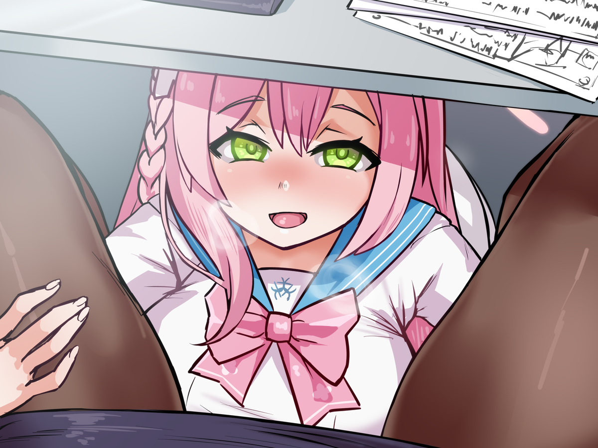 2024 2girls black_pantyhose blue_archive blue_sailor_collar blush bow bowtie female female_pov female_sensei_(blue_archive) green_eyes hanako_(blue_archive) ihcaris long_hair looking_at_viewer multiple_females multiple_girls open_mouth pantyhose pink_bow pink_bowtie pink_hair pov pov_crotch sailor_collar sensei_(blue_archive) shirt sirachi skirt smile table textless_version under_the_table white_shirt yuri