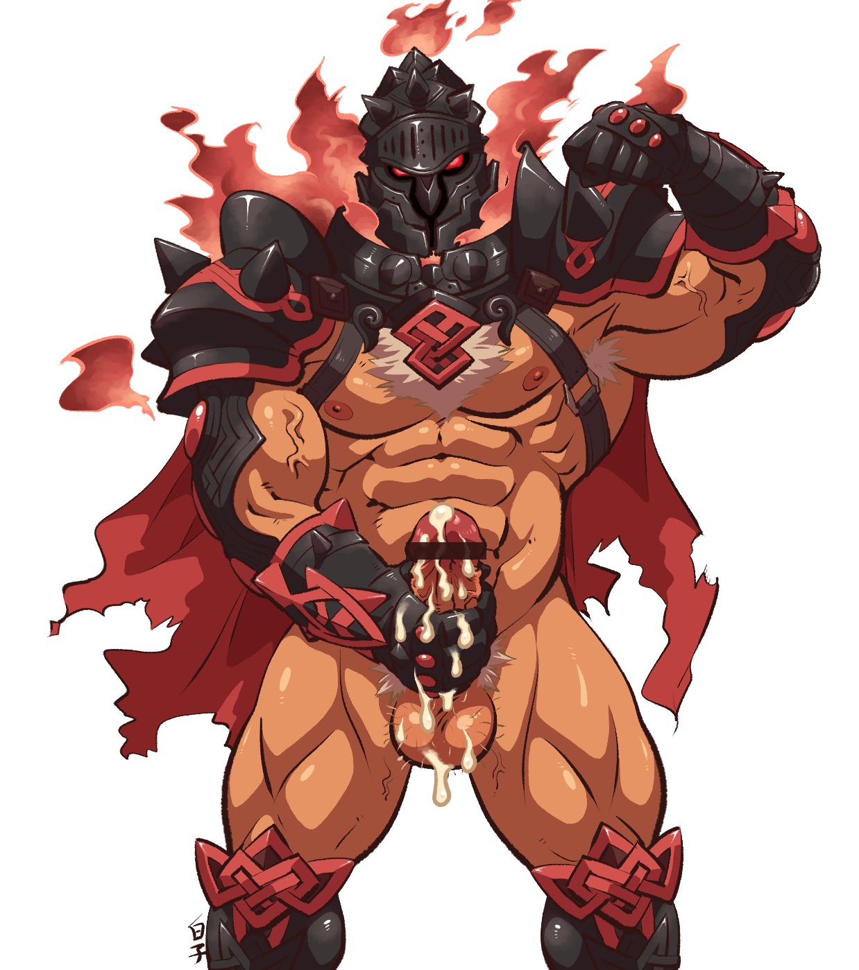 bar censor, censored, highres, simple background, 1boy, abs, armor, bara, chest, chest hair, chest harness, cowboy shot, cum, erection, fire, glowing, glowing eyes, helmet, kirupi, male focus, male masturbation, male pubic hair, masturbation, muscle, nipples, nude, pectorals, penis, pubic hair, red eyes, revealing clothes, solo, surtr (tokyo houkago summoners), testicles, thick thighs, thighs, tokyo houkago summoners, 