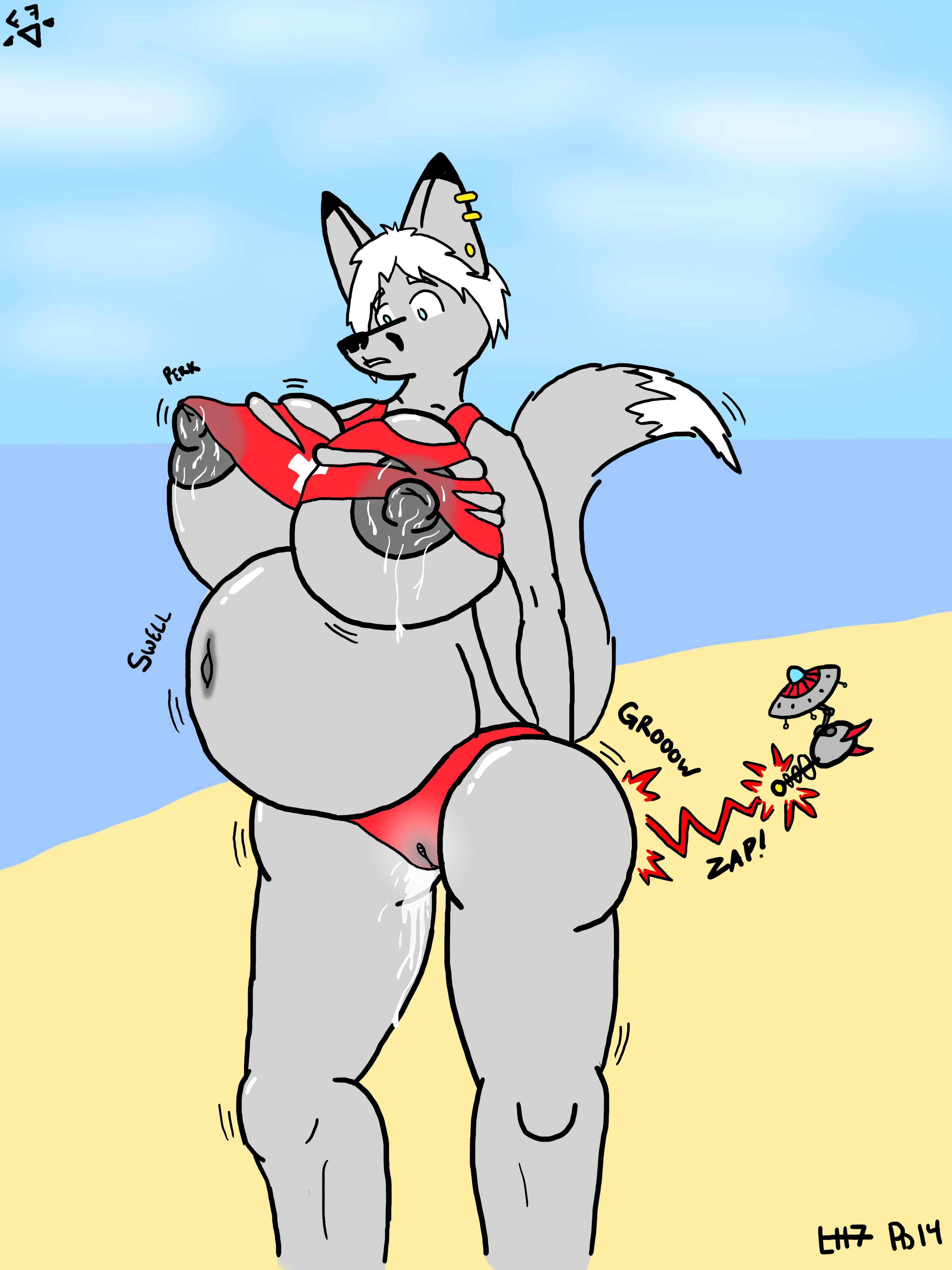anthro, bikini, breast expansion, breasts, clothing, female, fur, furry, inflation, lactation, lifeguard, nipples, ripping, shirt, tight clothing, wide hips, 