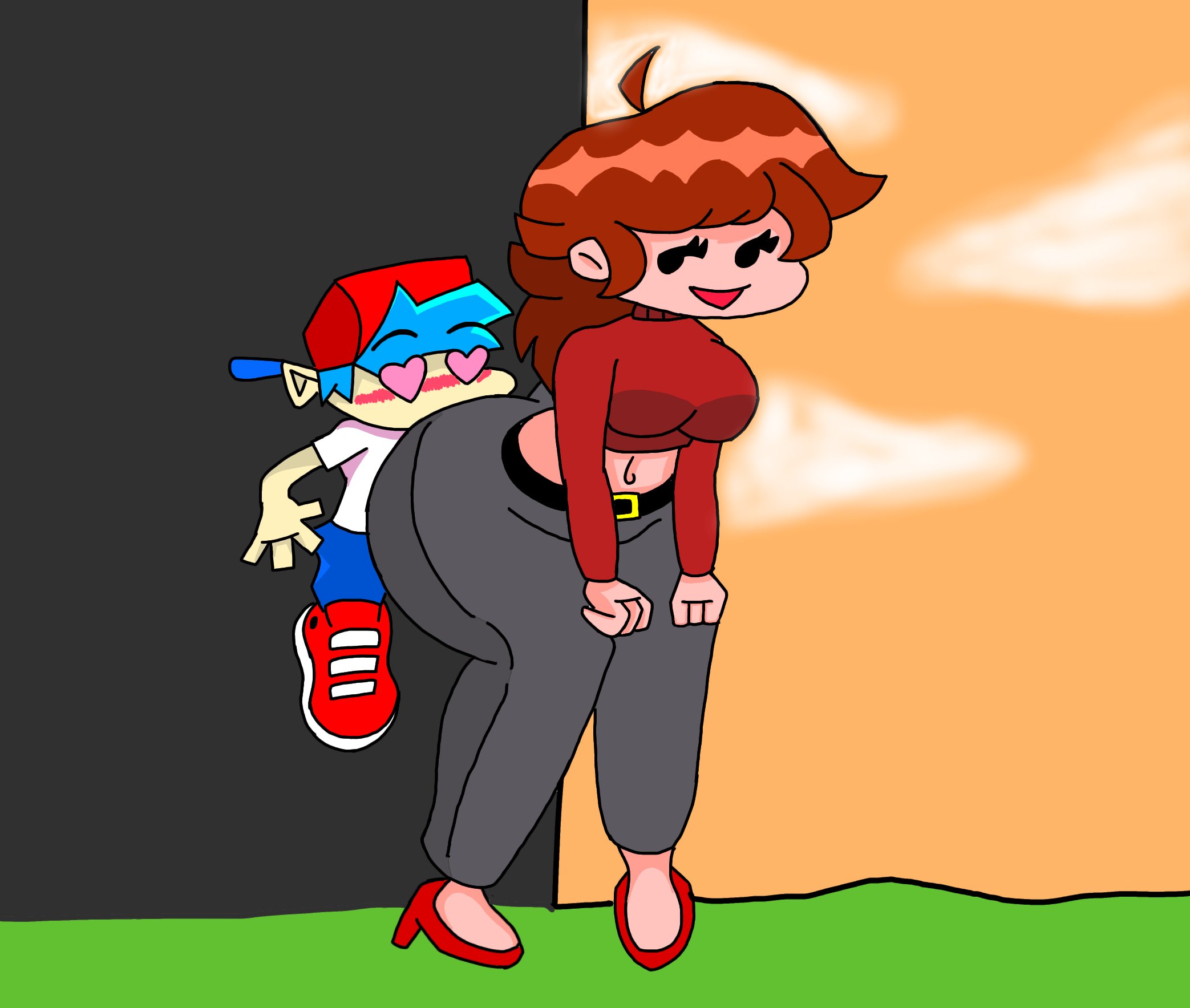 1boy, 1girls, ass smothering, background, belly button, belt, black jeans, blush, boyfriend (friday night funkin), breasts, buttcrush, faker gf (friday night funkin), friday night funkin, girlfriend (friday night funkin), heart-shaped pupils, jacket, looking back, pwerdley, redesign, redraw, short hair, similar art, thick ass, 