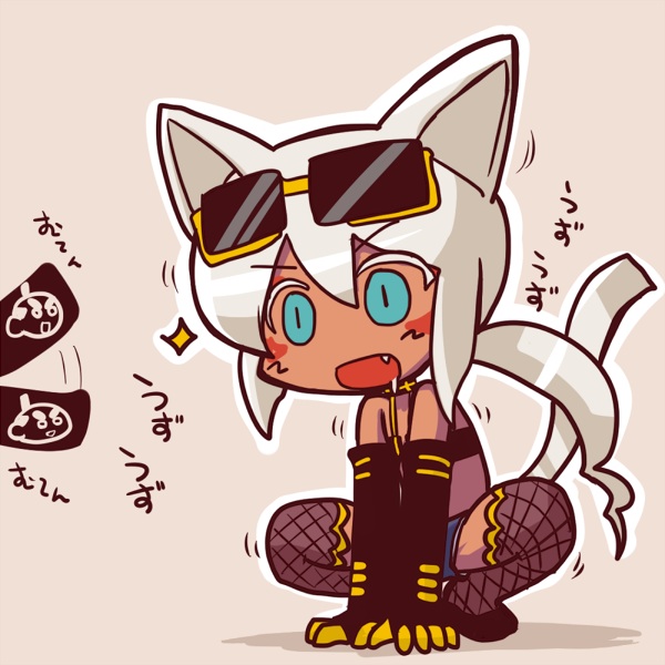 shamu meruruusa, kaiten muten-maru, color, animal ears, blue eyes, chibi, clothed, female, female only, flat chest, gloves, long hair, open eyes, open mouth, solo, squatting, tail, tan, tubetop, white hair, 