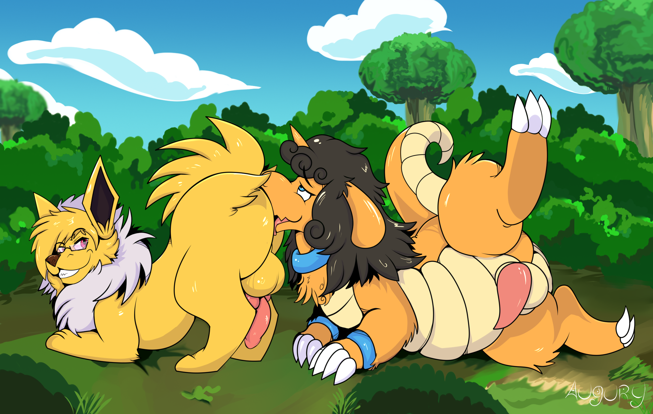 dragonite, eeveelution, jolteon, pokemon (species), nintendo, hi res, anal, anthro, augury (artist), augury (character), bound, bovid, caprine, collar, duo, eyewear, feral, fluffy, generation 1 pokemon, glasses, goat, grin, hair, hybrid, long hair, looking back, looking pleasured, male, male/male, mammal, oral, outside, pokemon, raised leg, rimming, sex, smile, volty, 