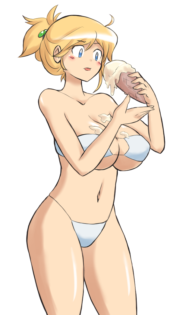 paulgq, original character, original, 1girls, belly, bikini, blonde hair, female, huge breasts, ice cream, ice cream cone, ice cream on breasts, navel, swimsuit, voluptuous, white bikini, 