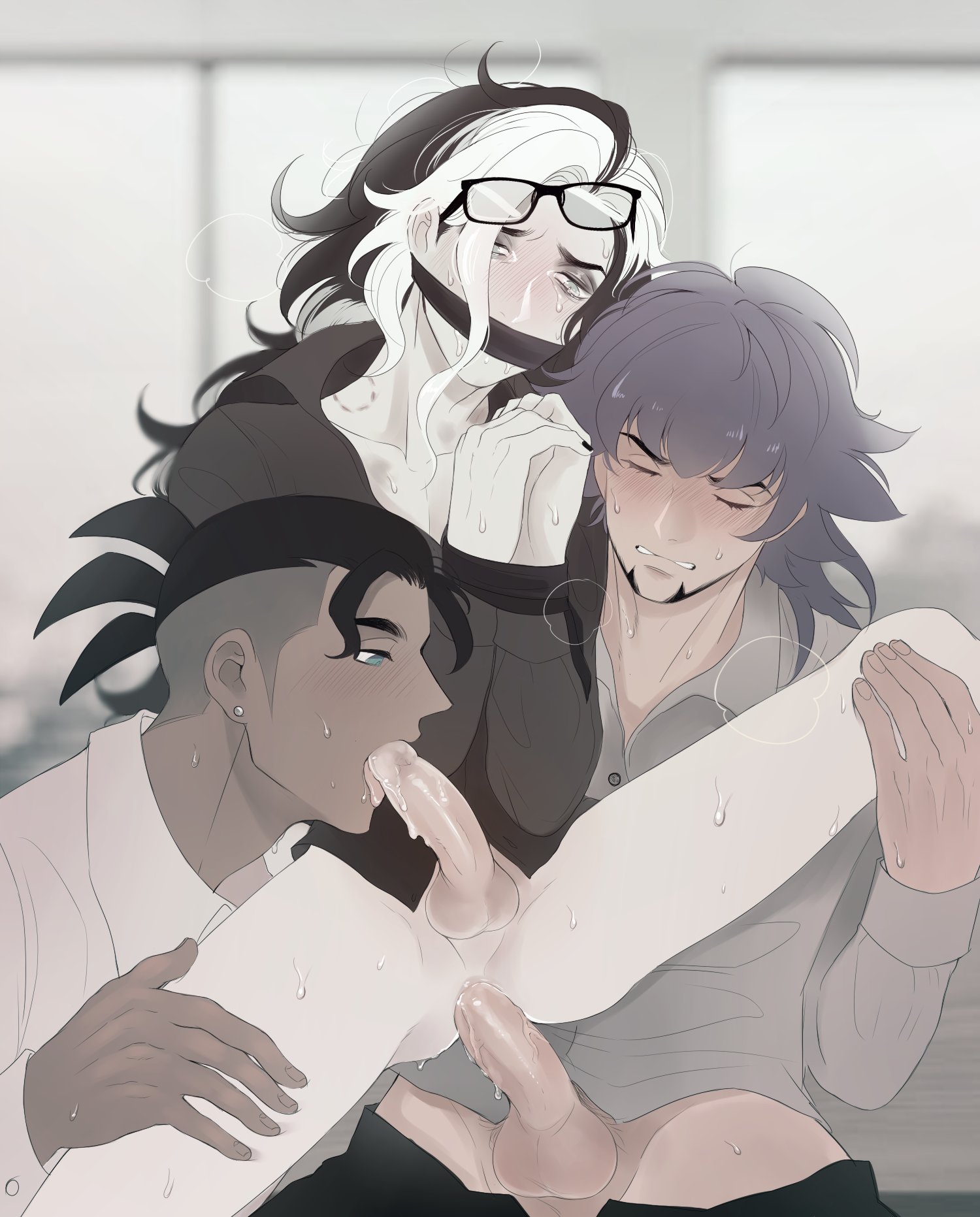chairman rose, leon (pokemon), piers (pokemon), 3boys, anal, anal penetration, anal sex, bareback, bareback riding, blowjob, cum, cum in mouth, cum while penetrated, fellatio, gay, gay domination, glasses, homosexual, horny lemon7, human, human only, legs apart, legs held open, oral, pale-skinned male, sweat, threesome, yaoi, 
